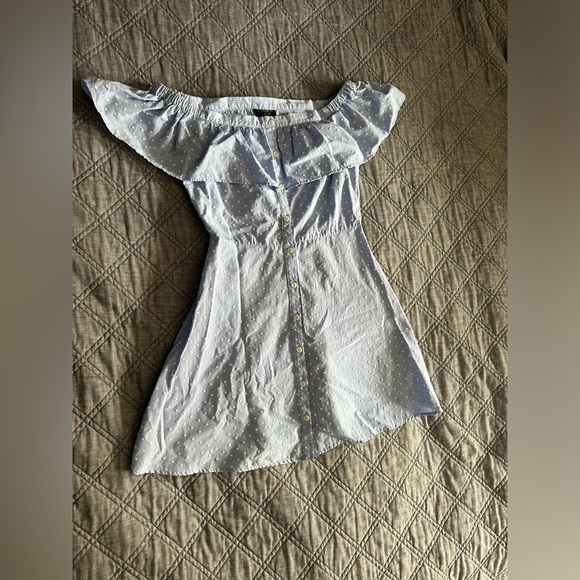 Blue Off the Shoulder Button Down Dress - Picture 9 of 11